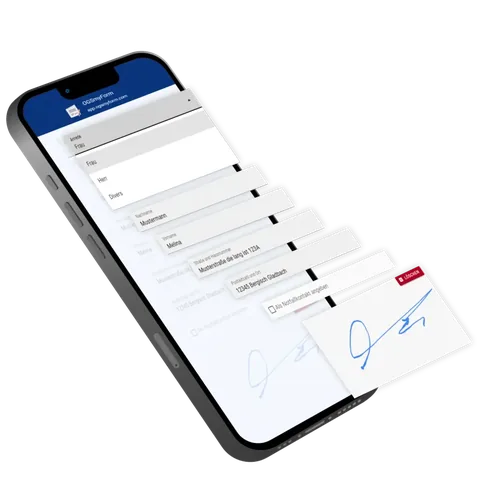 Zwei Smartphones zeigen ein ausgefülltes OGSmyForm-Formular mit digitaler Signatur